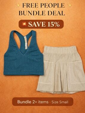 Free People Outfit Bundle Small | Teal Ribbed Crop Tank + Cream Mini Skirt Set